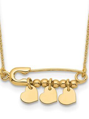 14K Safety Pin with Three Dangle Hearts and Beads 17 inch Necklace